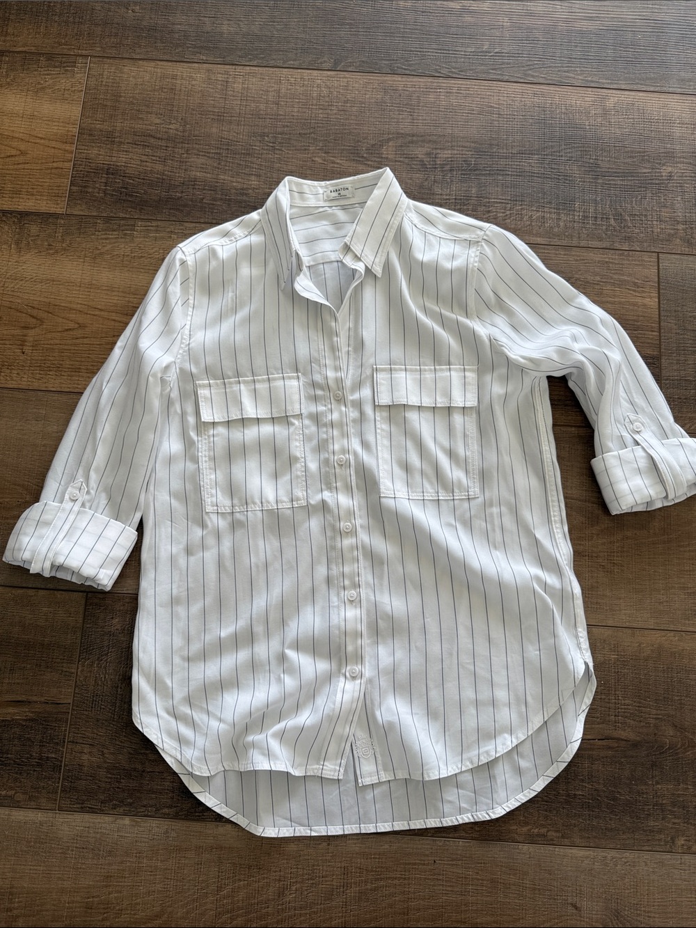 Aritzia Babaton White Button-Down Shirt with Thin Gray Pinstripes